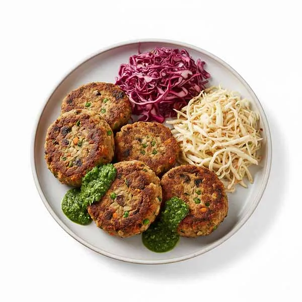 Mushroom vegetable Patties with Chimichurri & Dual Chilli Cabbage